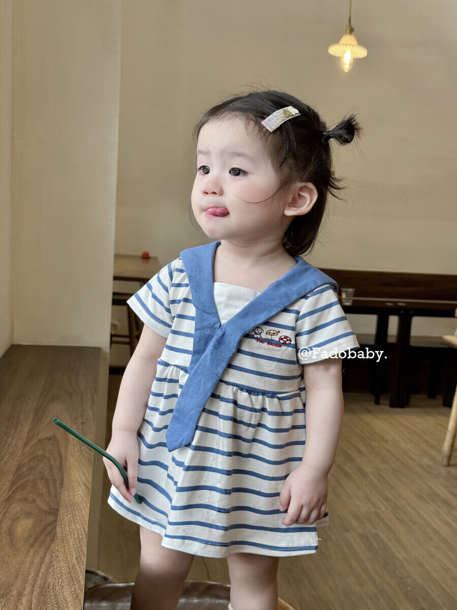 FADOBABY Girls' Navy Collar Striped Short Sleeve Summer Dress Newborn Toddler Cotton Princess Dress Summer 19